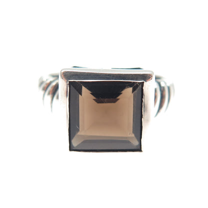 925 Sterling Silver Vintage Real Asscher-Cut Smoky Quartz Oxidized Ring Size 8.5