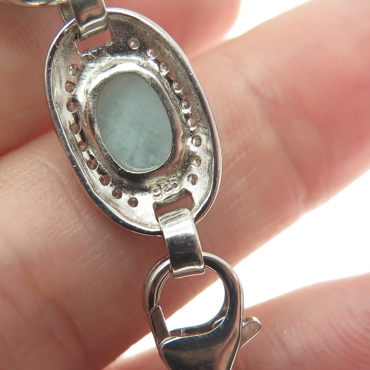 925 Sterling Silver Real Milky Aquamarine & C Z Bracelet 7.25"