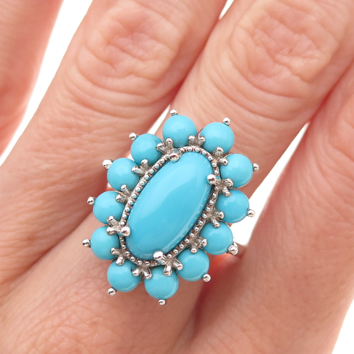 D'Joy 925 Sterling Silver Real Sleeping Beauty Turquoise Floral Ring Size 8