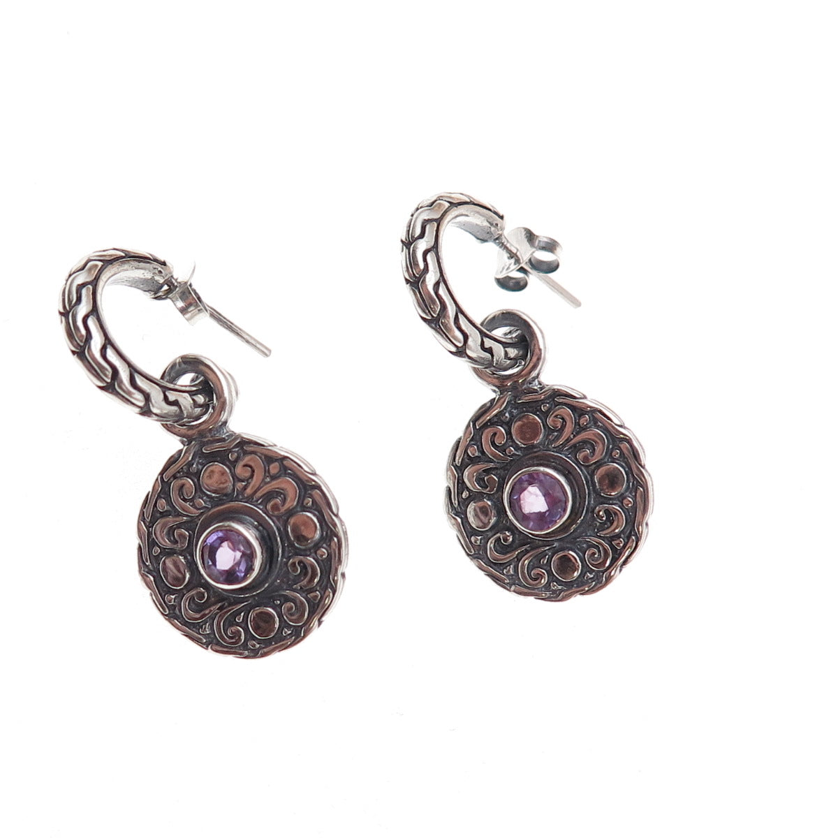 925 Sterling Silver Vintage Real Amethyst Dangle Charm Hoop Earrings