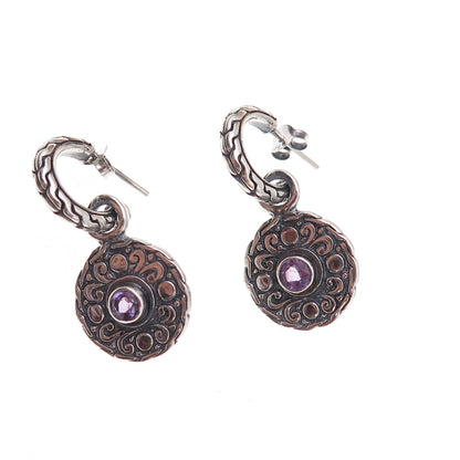 925 Sterling Silver Vintage Real Amethyst Dangle Charm Hoop Earrings