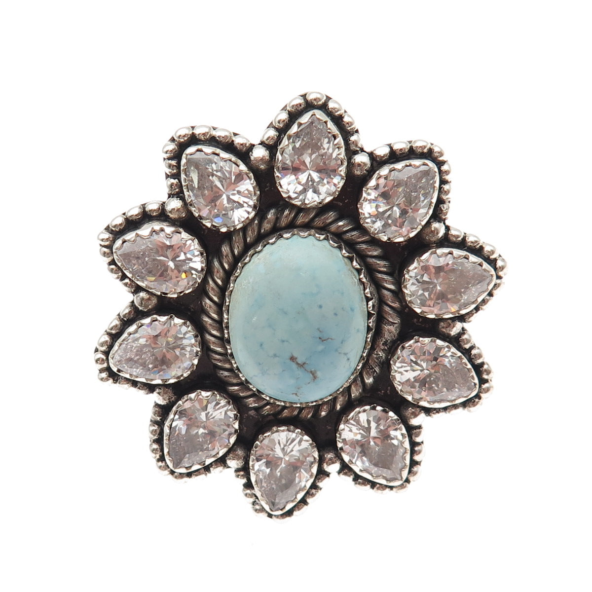 925 Sterling Vintage Real Turquoise & C Z Statement Adjustable Ring Size 7.5