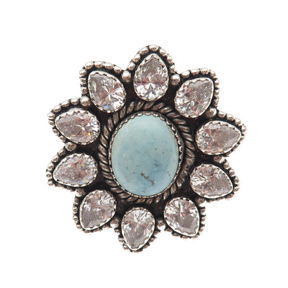 925 Sterling Vintage Real Turquoise & C Z Statement Adjustable Ring Size 7.5