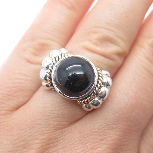 14K Gold 925 Sterling Silver Vintage Real Black Onyx Modernist Ring Size 6.5