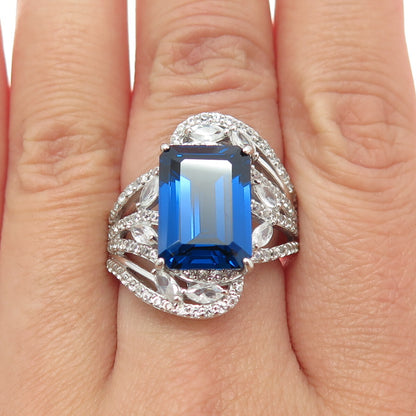 925 Sterling Silver Emerald-Cut Blue & White C Z Bypass Ring Size 7