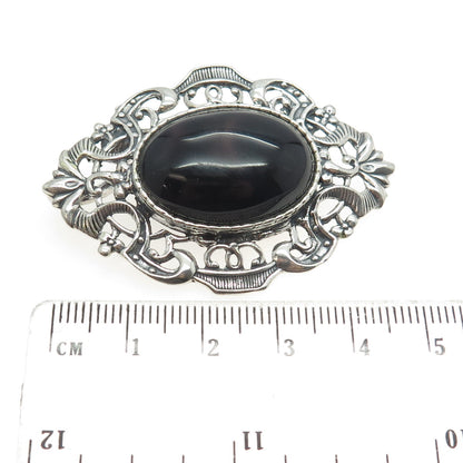 925 Sterling Silver Vintage Real Black Agate Ornate Pin Brooch / Pendant