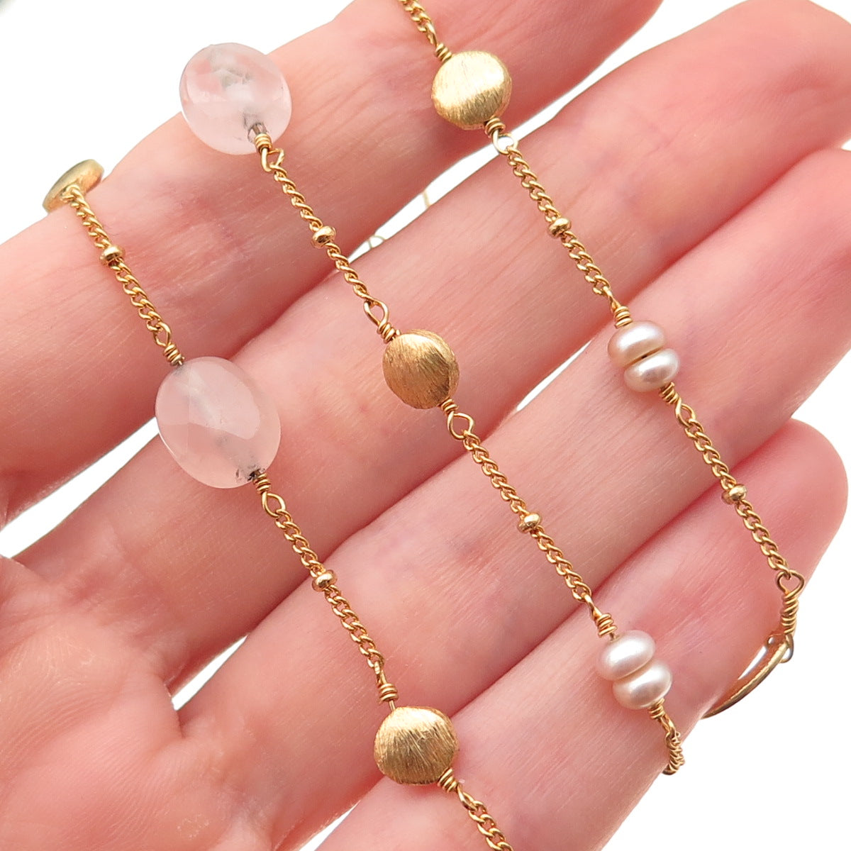 925 Sterling Silver Gold Plated Real Pearl & Rose Quartz Long Chain Necklace 48"