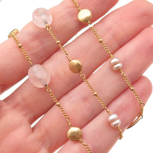 925 Sterling Silver Gold Plated Real Pearl & Rose Quartz Long Chain Necklace 48"