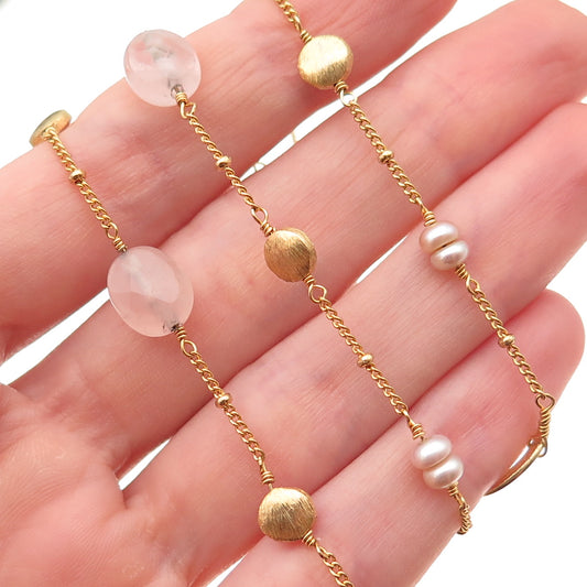 925 Sterling Silver Gold Plated Real Pearl & Rose Quartz Long Chain Necklace 48"