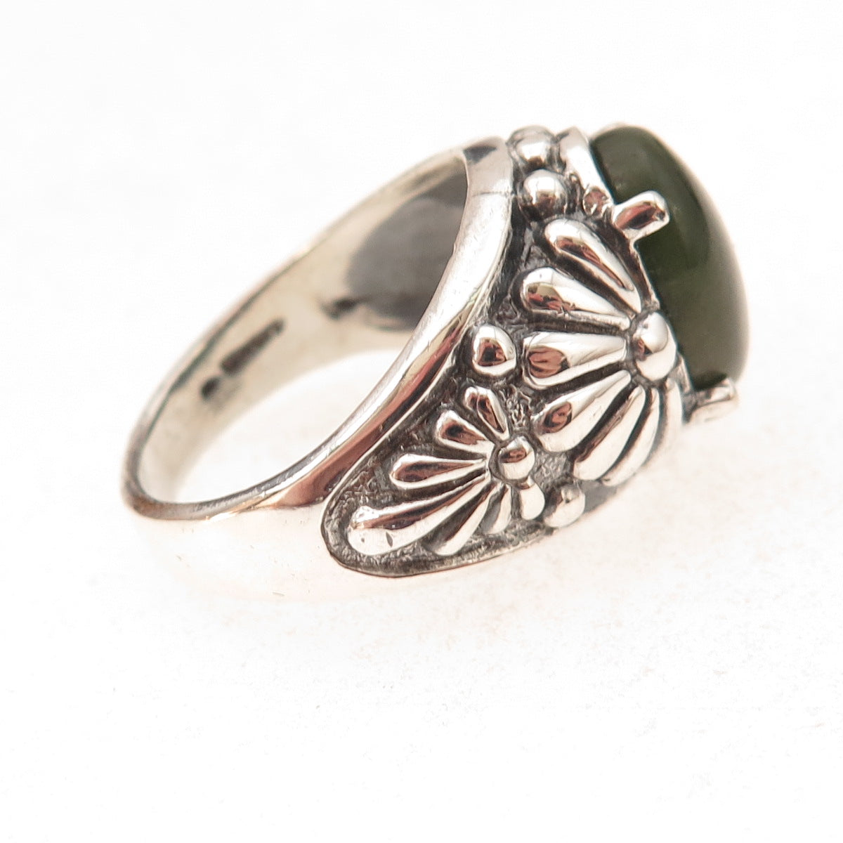 Kabana 925 Sterling Silver Vintage Real Jade Daisy Flower Oxidized Ring Size 10