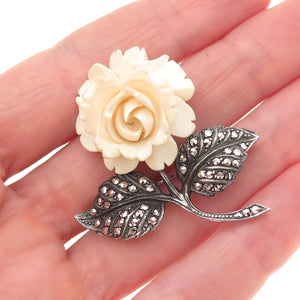 925 Sterling Silver Antique Art Deco Germany Real Marcasite Rose Pin Brooch