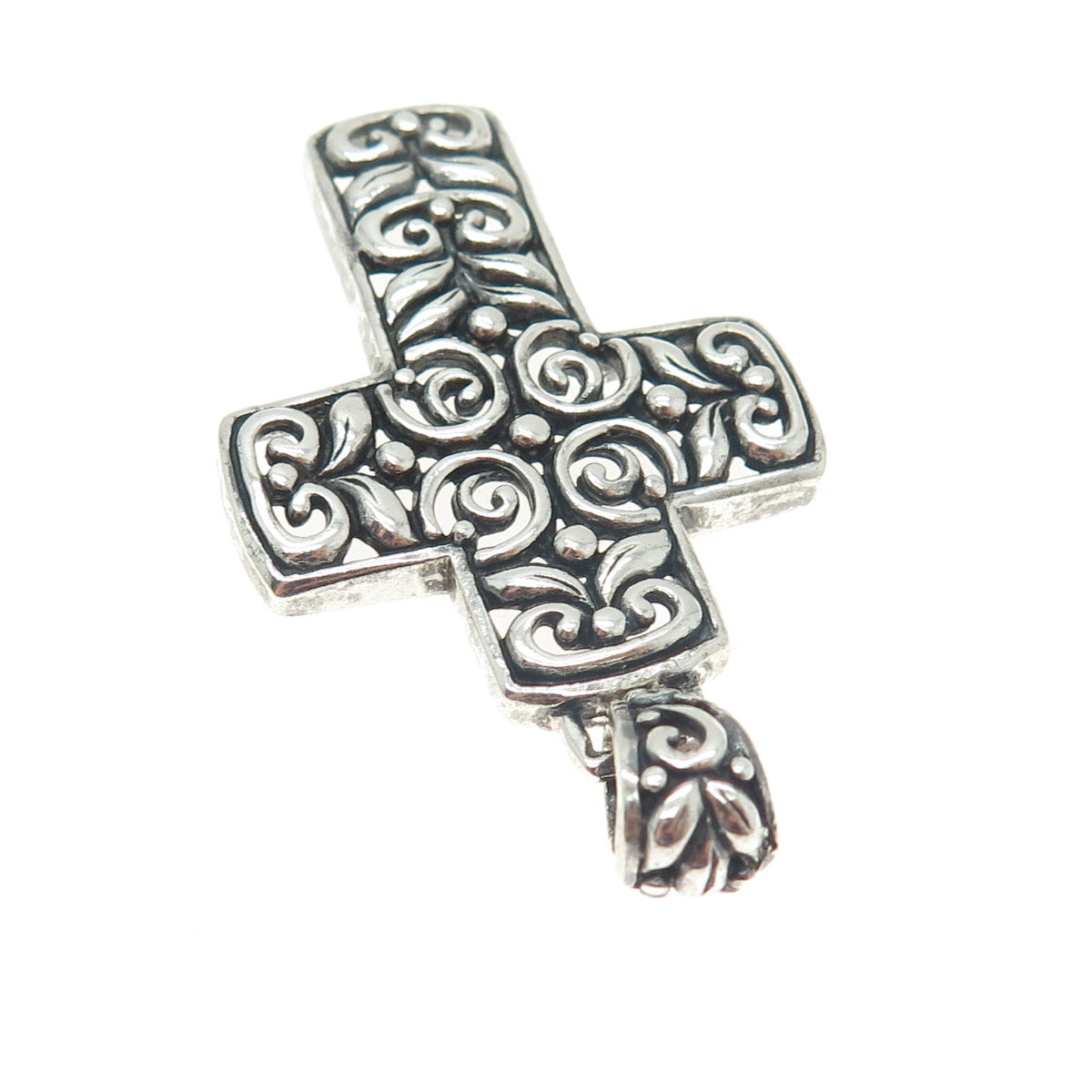 925 Sterling Silver Vintage Ornate Floral Cross Oxidized Pendant