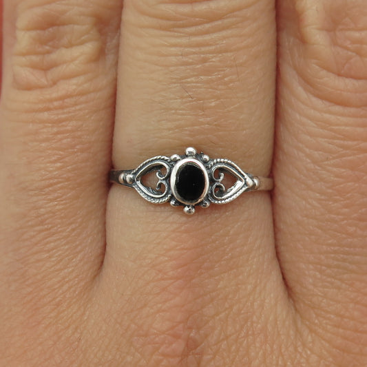 925 Sterling Silver Vintage Real Black Onyx Heart Ring Size 8.25