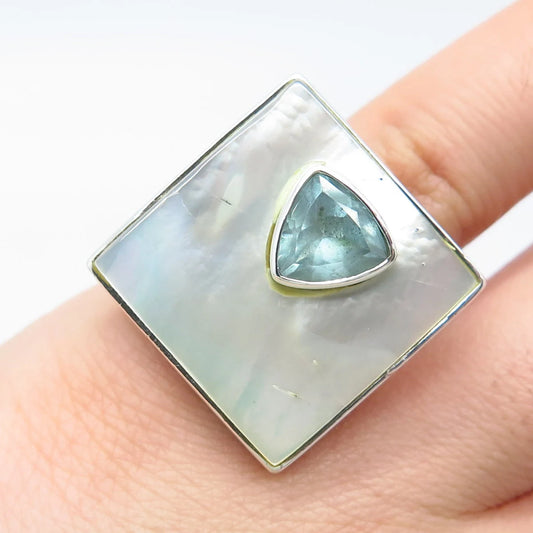 925 Sterling Silver Vintage Real Mother-of-Pearl & Aquamarine Gem Ring Size 5.5