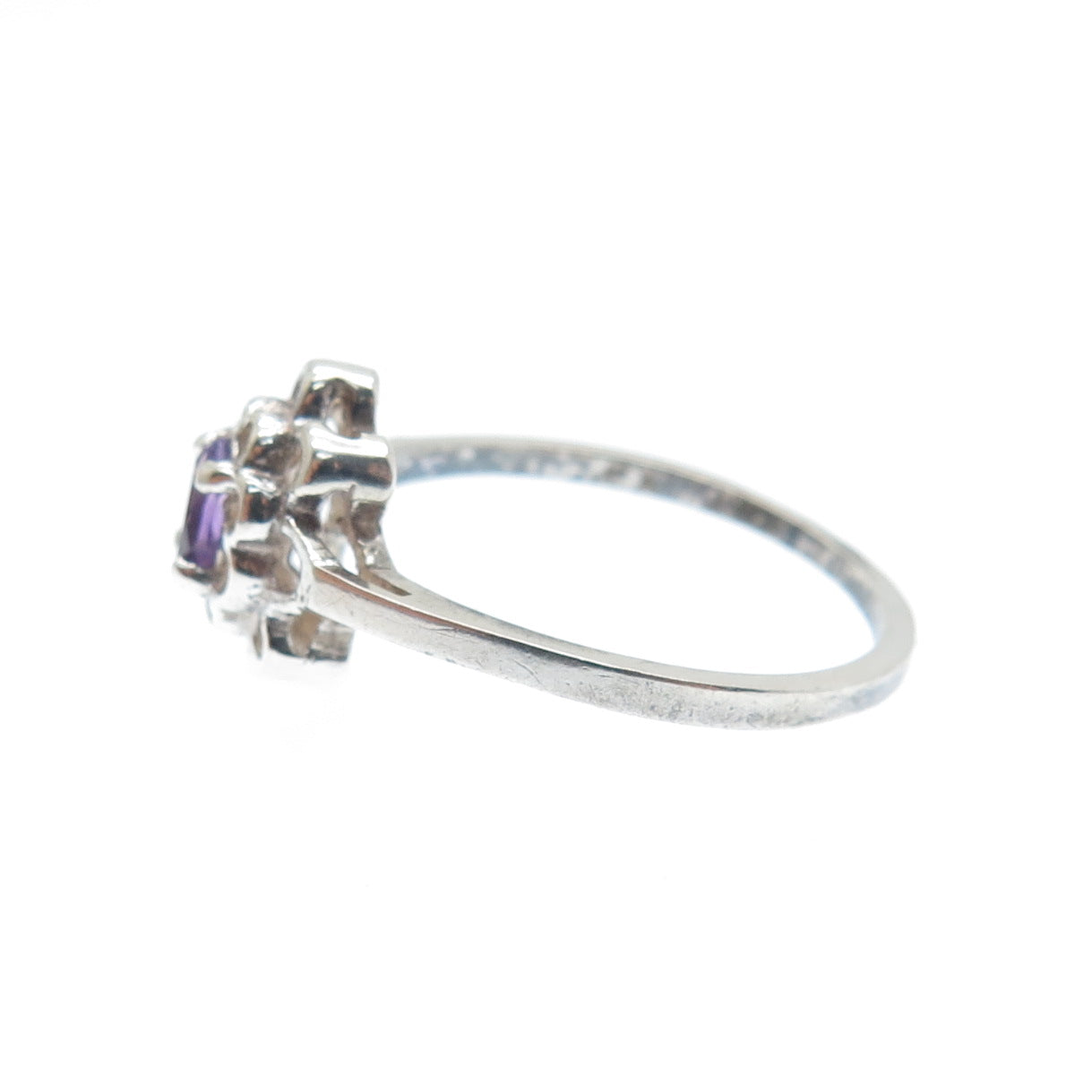 925 Sterling Silver Vintage Real Oval-Cut Amethyst Flower Ring Size 7.25