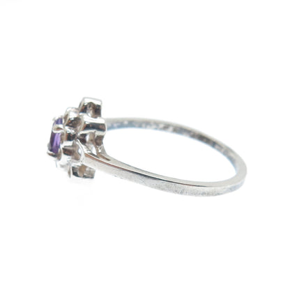 925 Sterling Silver Vintage Real Oval-Cut Amethyst Flower Ring Size 7.25