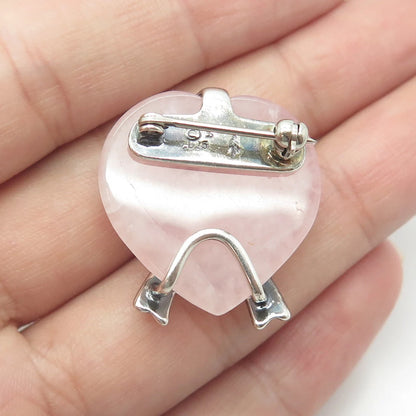 925 Sterling Silver Vintage Shube Real Rose Quartz Cancer Awareness Pin Brooch