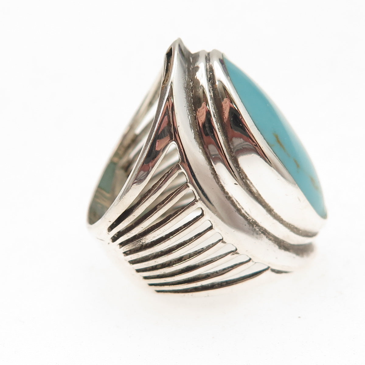 Ken Crafts 925 Sterling Silver Vintage Real Turquoise Oxidized Ring Size 6.75