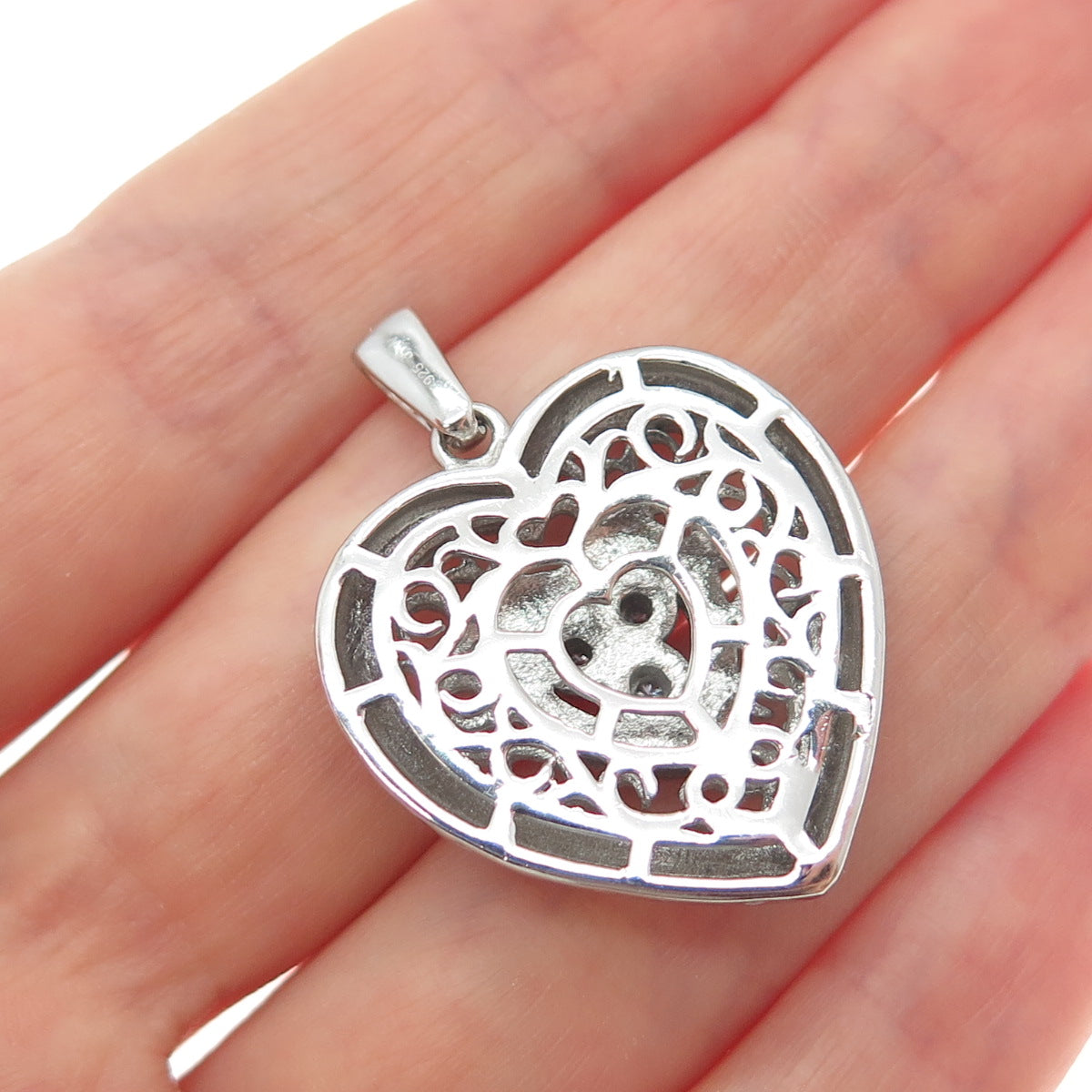 925 Sterling Silver Real Round-Cut Diamond Ornate Heart Charm Pendant