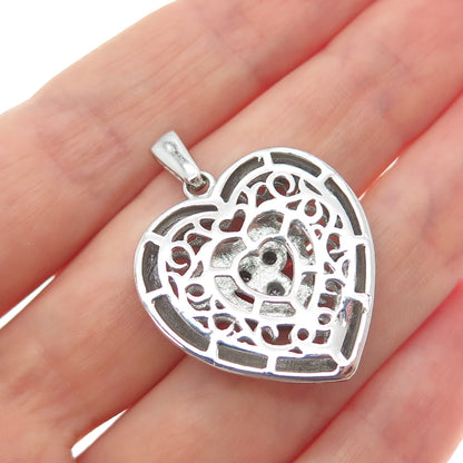 925 Sterling Silver Real Round-Cut Diamond Ornate Heart Charm Pendant