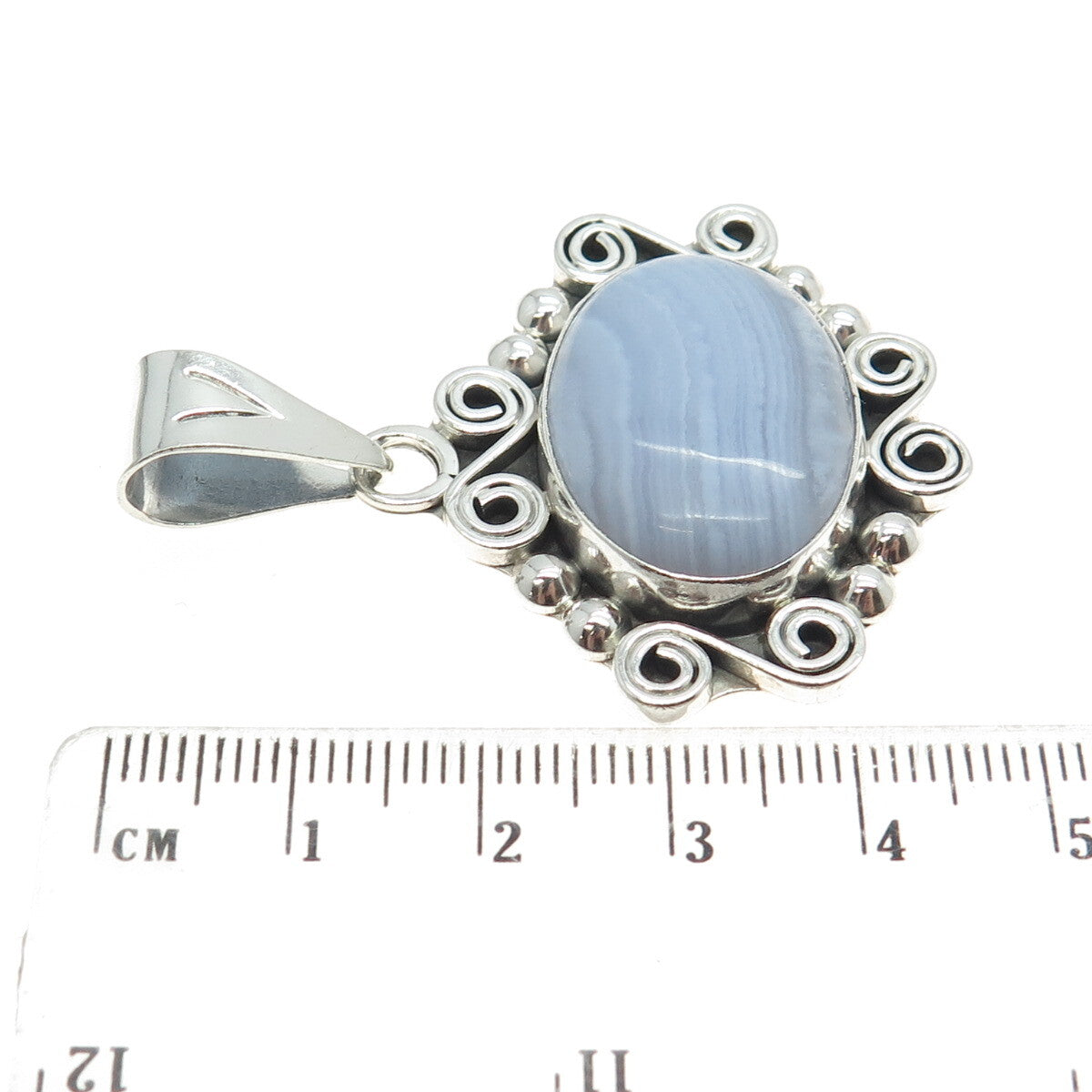 925 Sterling Silver Vintage CII Mexico Real Blue Lace Agate Spiral Pendant