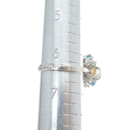 925 Sterling Silver Vintage Real Pearl Faux Turquoise & C Z Ring Size 6.5