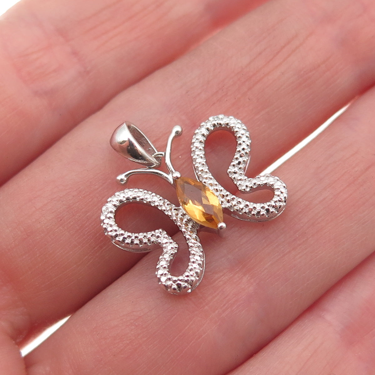 925 Sterling Silver Real Diamond & Citrine Butterfly Mini Charm Pendant