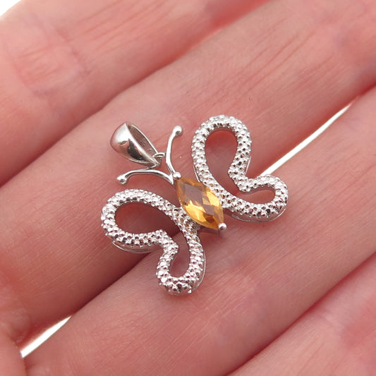 925 Sterling Silver Real Diamond & Citrine Butterfly Mini Charm Pendant