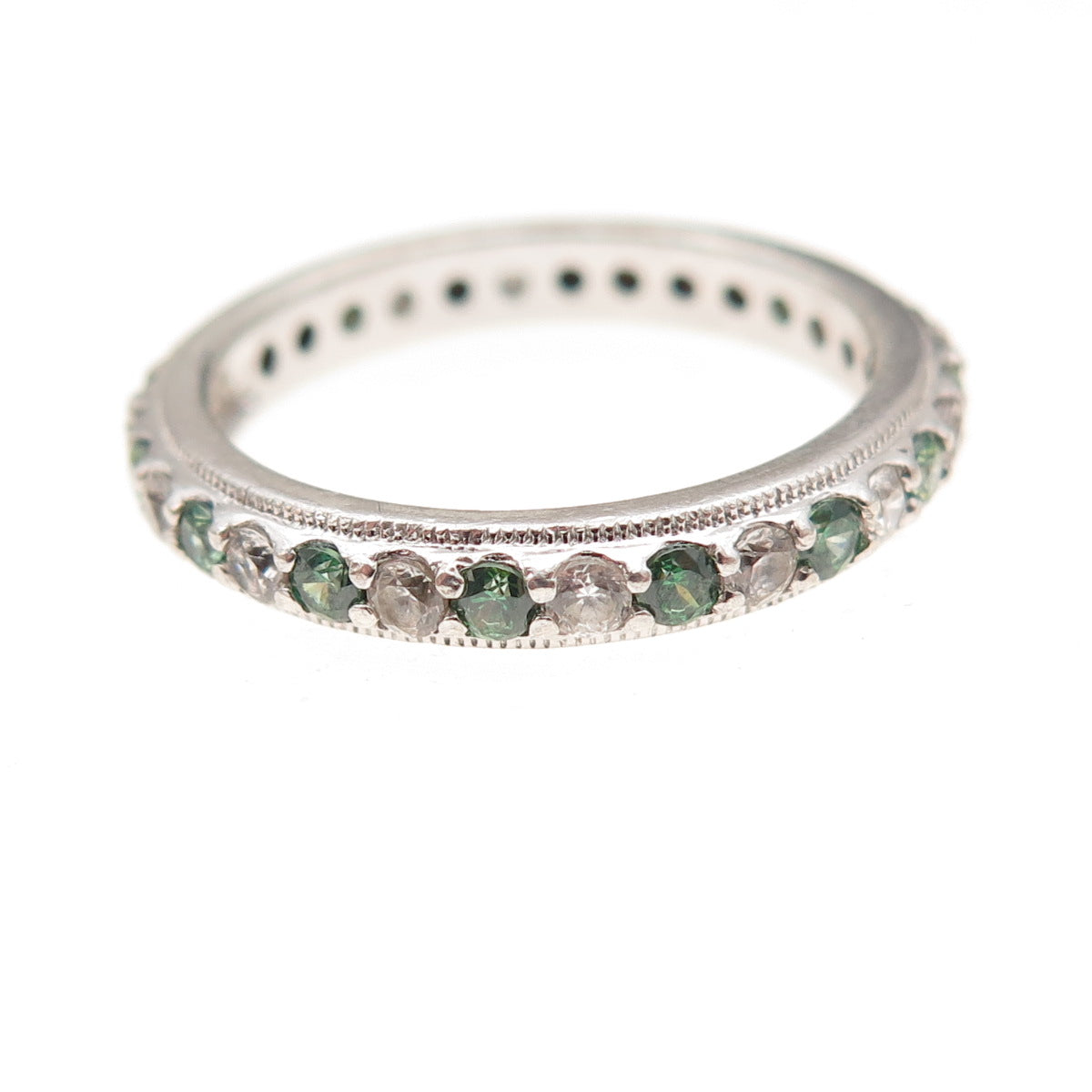 Tacori 925 Sterling Silver Green & White C Z Eternity Band Ring Size 7.25