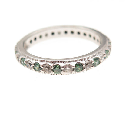 Tacori 925 Sterling Silver Green & White C Z Eternity Band Ring Size 7.25