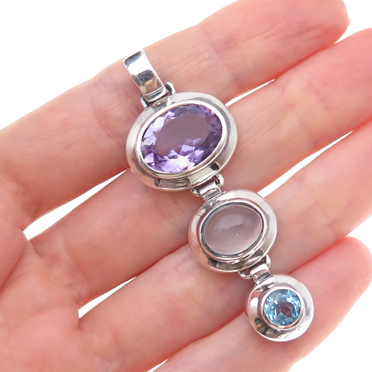 Boma 925 Sterling Silver Vintage Real Amethyst Moonstone & Blue Topaz Pendant