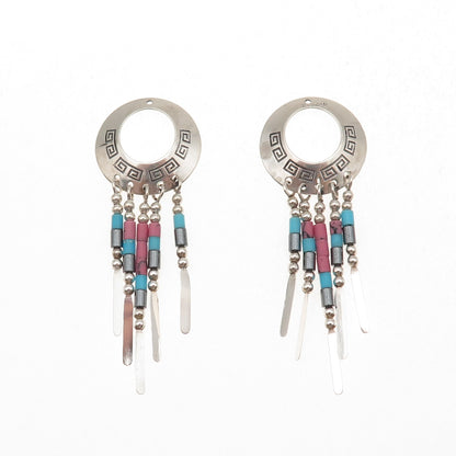 Old Pawn Sterling Silver Vintage Turquoise Hematite & Rhodonite Jacket Earrings