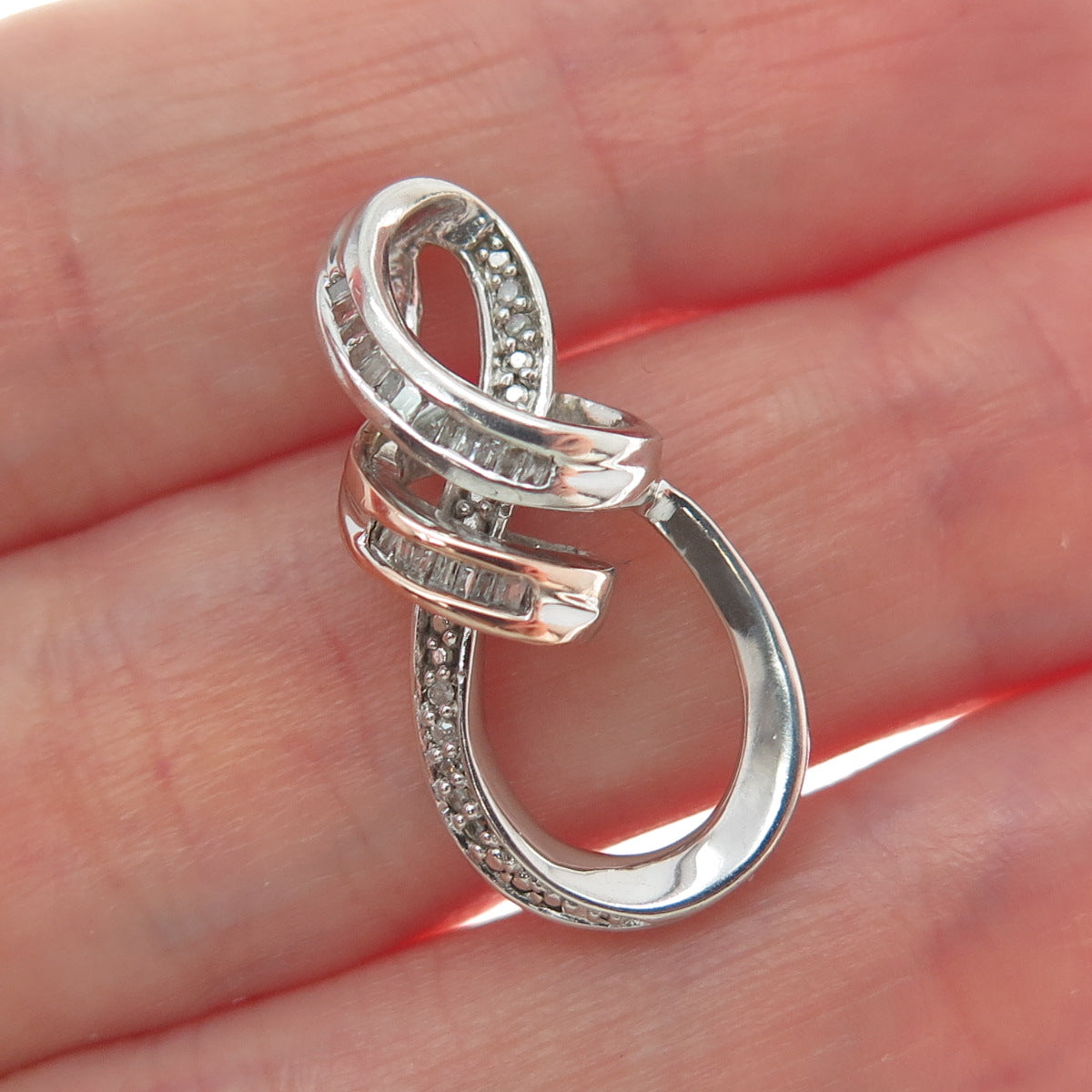 SUN 925 Sterling Silver & 14K Rose Gold Real Round-Cut Diamond Twisted Pendant