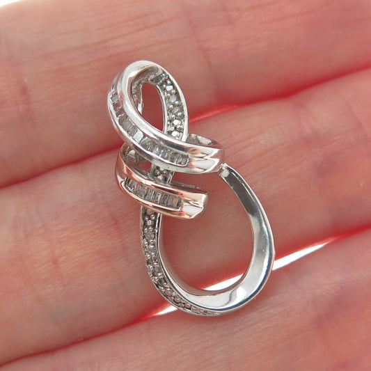 SUN 925 Sterling Silver & 14K Rose Gold Real Round-Cut Diamond Twisted Pendant