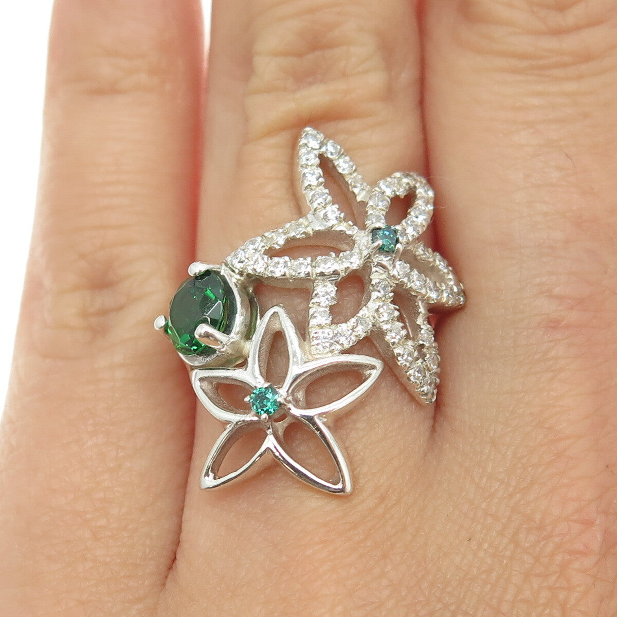 925 Sterling Silver Chrome Diopside & C Z Floral Ring Size 6