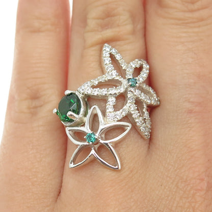 925 Sterling Silver Chrome Diopside & C Z Floral Ring Size 6