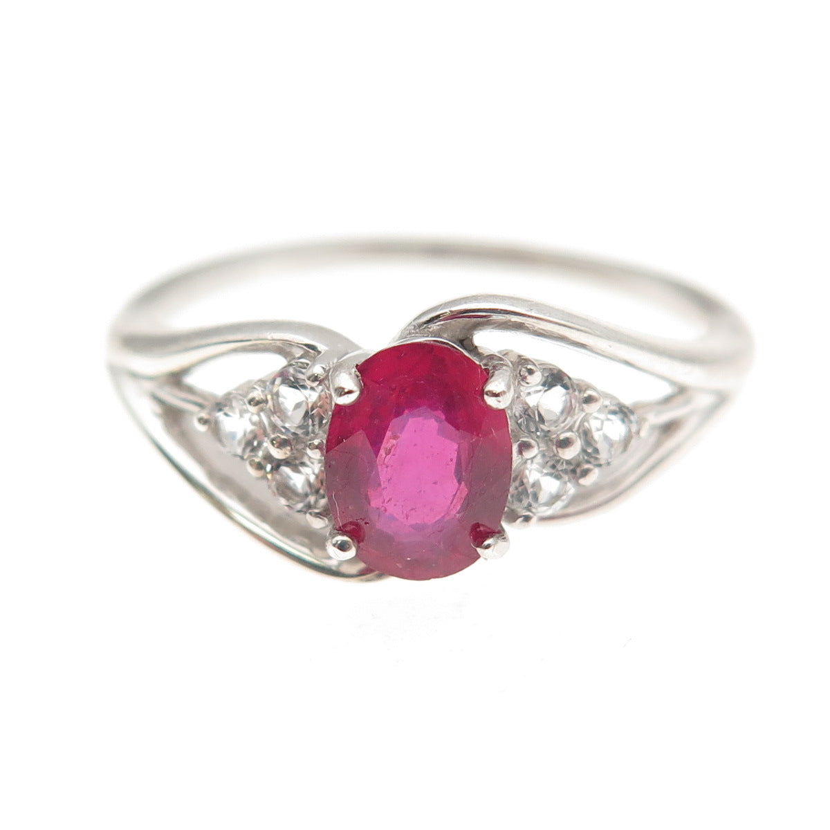 Chuck Clemency 925 Sterling Silver Real Ruby & White Topaz Bypass Ring Size 8