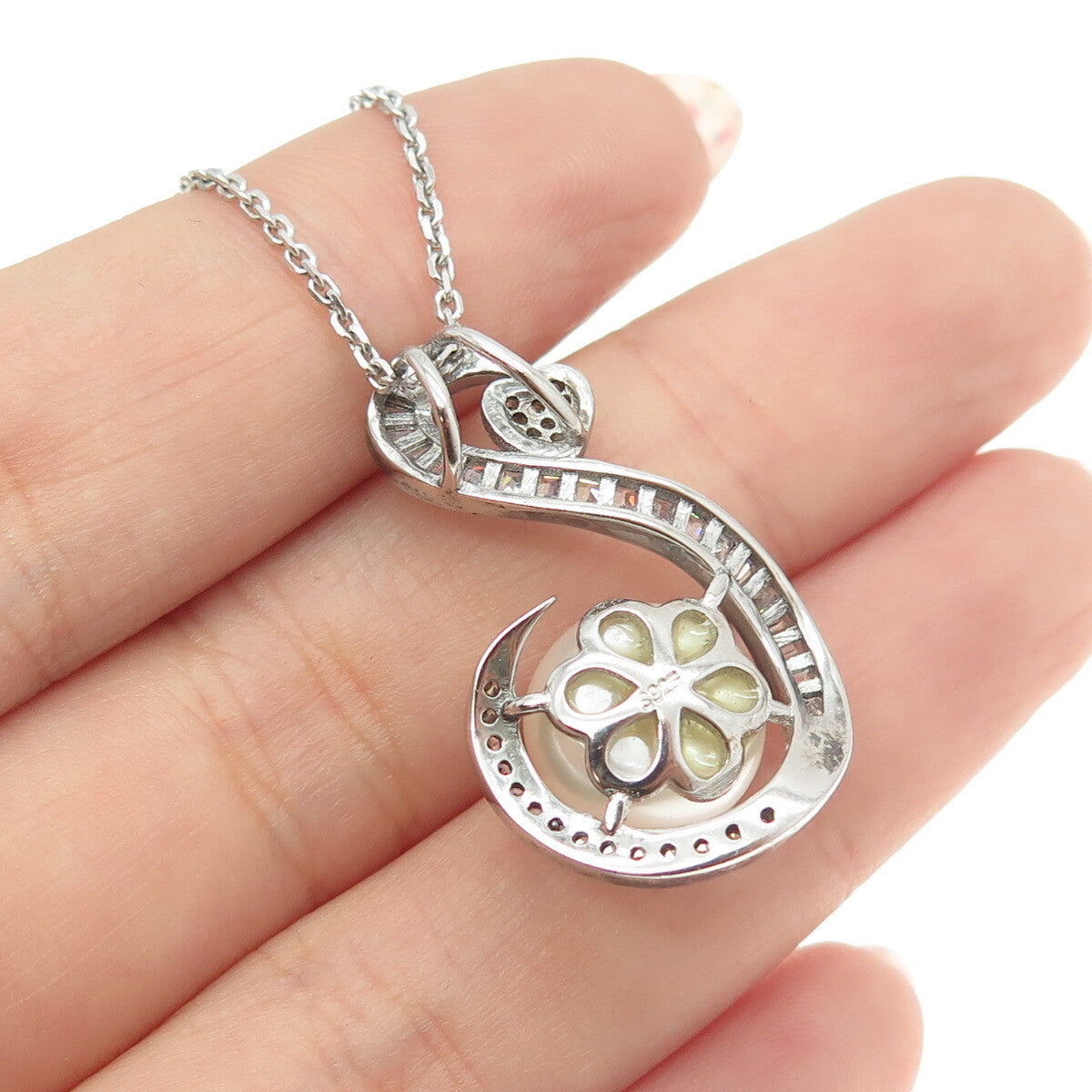 925 Sterling Silver Real Pearl & Round-Cut C Z Heart Cable Chain Necklace 16"