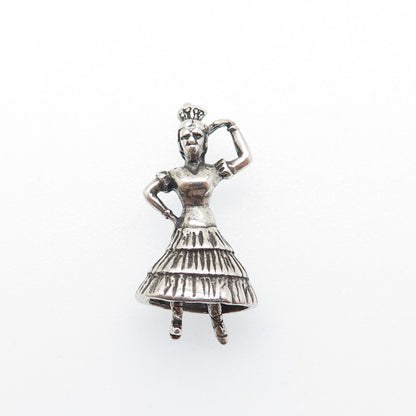 925 Sterling Silver Vintage Flamenco Dancer Oxidized 3D Charm Pendant