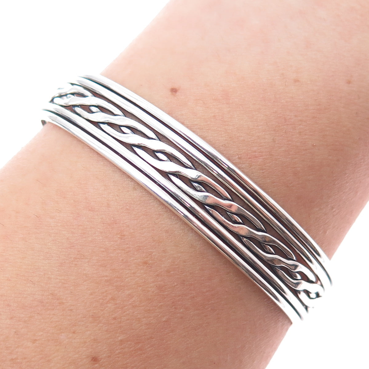 925 Sterling Silver Vintage Oxidized Braided Adjustable Cuff Bracelet 6.5"