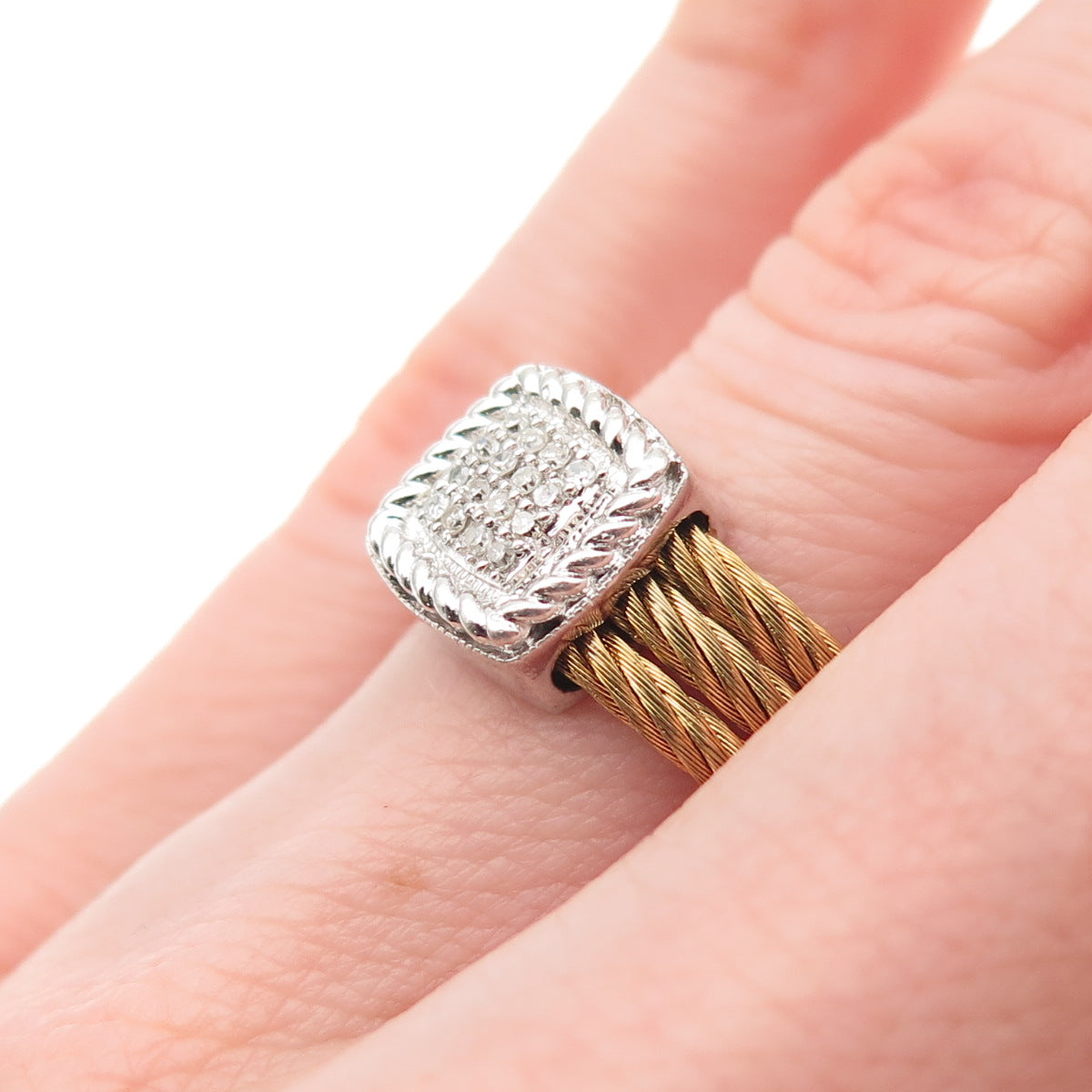 925 Sterling Silver & Steel 2-Tone Real Diamond Adjustable Ring Size 6.75-10.5