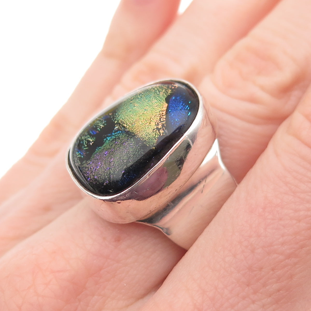 925 Sterling Silver Vintage Mexico Dichroic Glass Modernist Ring Size 8.25