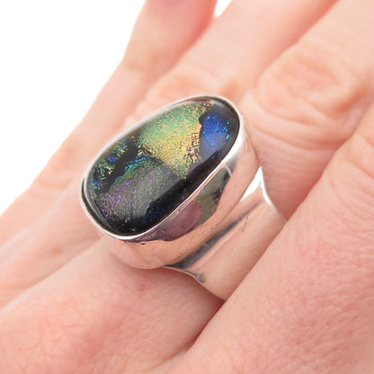 925 Sterling Silver Vintage Mexico Dichroic Glass Modernist Ring Size 8.25