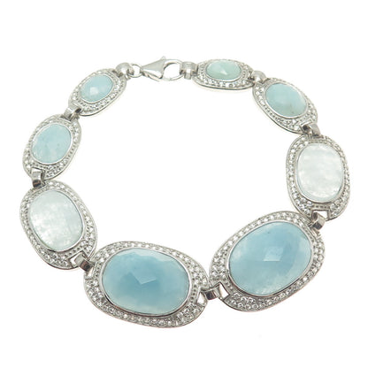 925 Sterling Silver Real Milky Aquamarine & C Z Bracelet 7.25"