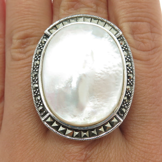 925 Sterling Silver Vintage Mother-of-Pearl Marcasite Gem Statement Ring Size 7