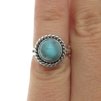 925 Sterling Silver Vintage Mexico Real Turquoise Roped Pinky Ring Size 2