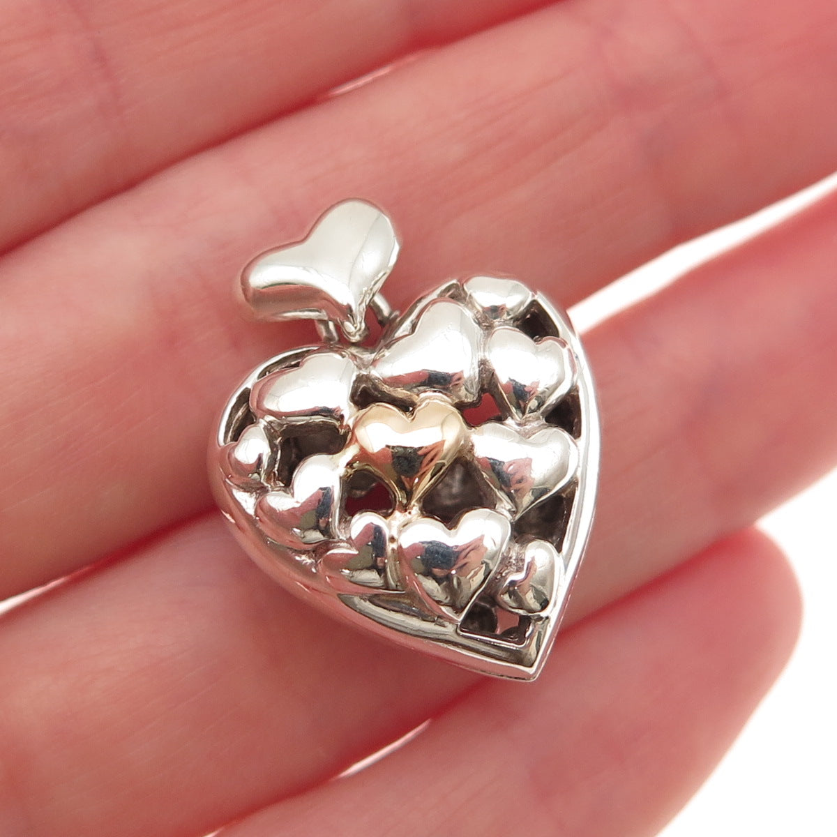 925 Sterling Silver 14K Gold Vintage Modernist Heart Charm Pendant