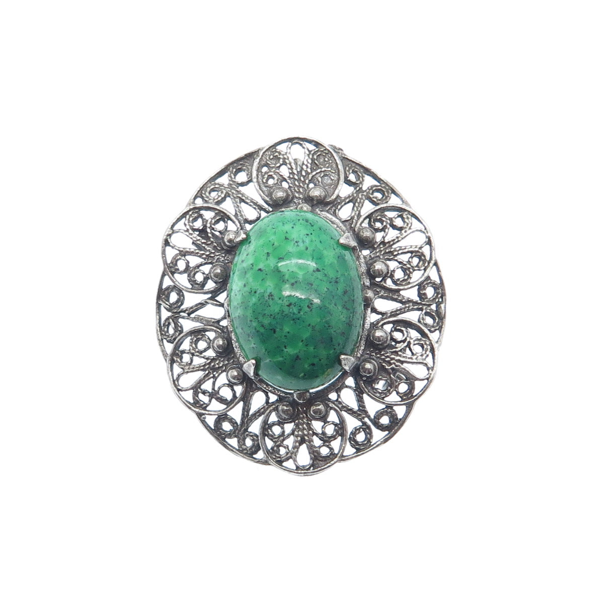 925 Sterling Silver Vintage Faux Turquoise Filigree Oxidized Pin Brooch Pendant