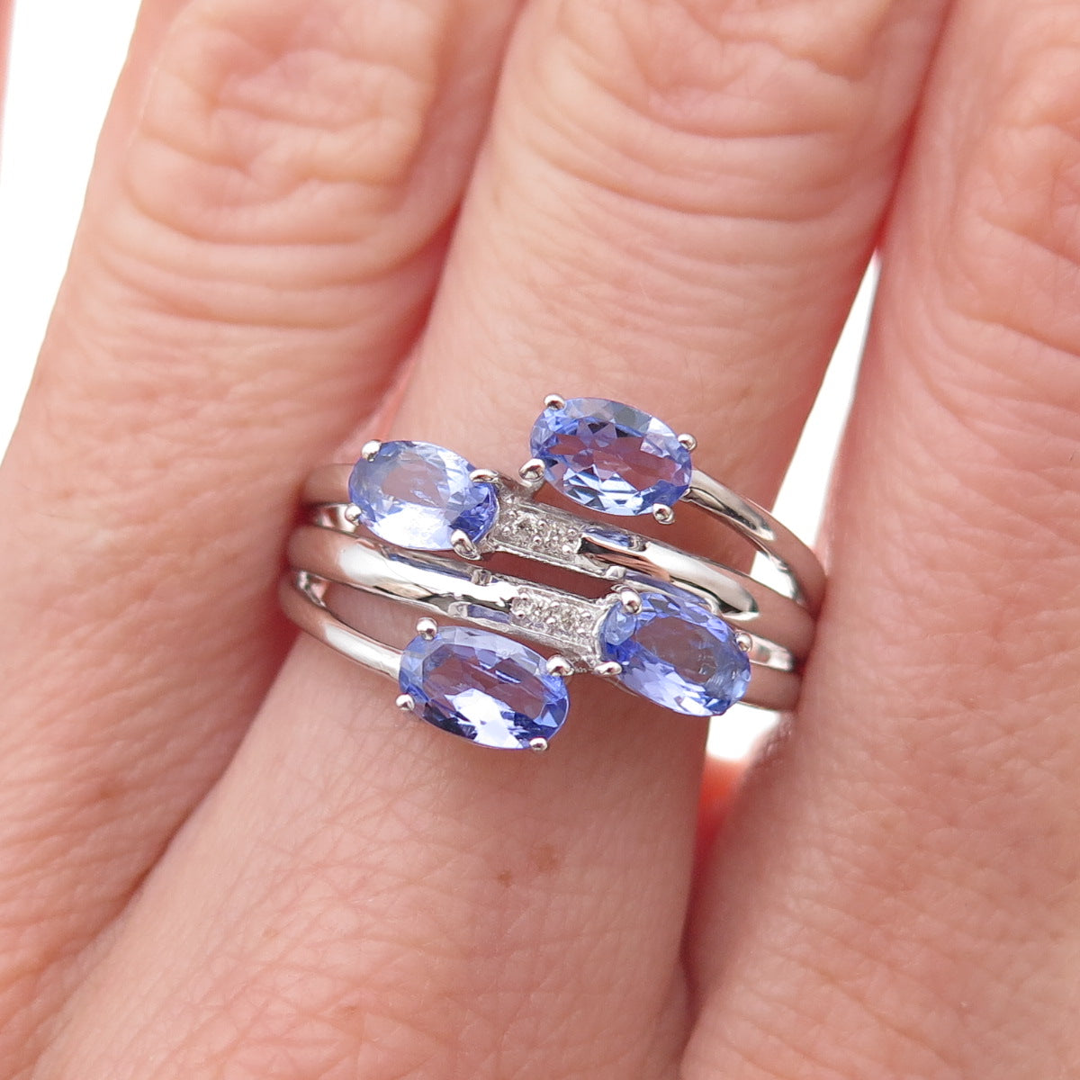 925 Sterling Silver Real Diamond & Tanzanite Bypass Ring Size 8.25