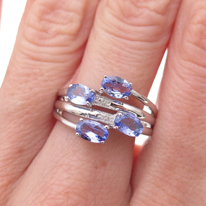 925 Sterling Silver Real Diamond & Tanzanite Bypass Ring Size 8.25